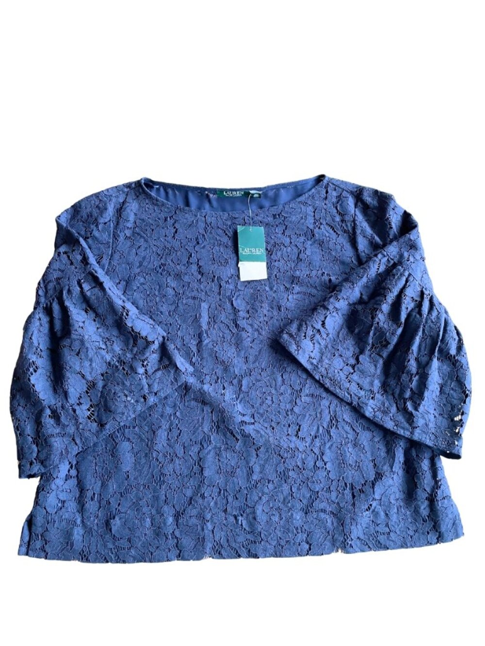 Entire Closet $5! $145 NEW Lauren Ralph Lauren Navy Blue Lace Bell Sleeve Top